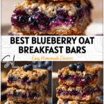 Soft Blueberry Oatmeal Bars stacked on a plate showing layers of oats and juicy blueberries for a fruit breakfast.